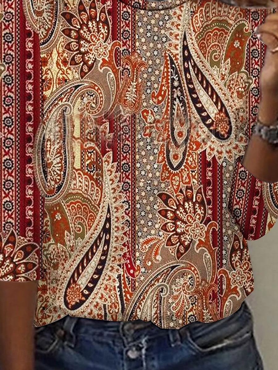 Ženská tunika T-shirt módní pohodlné tištěné dlouhý rukáv pravidelné topy kulatý výstřih každodenní oranžová jaro podzim 2025 - $22.99 –P3