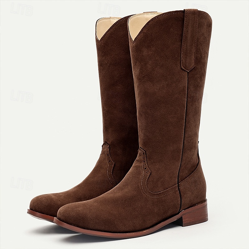 pánské hnědé semišové westernové kovbojské boty se stahovacími poutky a klasickým prošíváním - boty do půli lýtek ve vintage stylu 2025 - $54.99 –P10