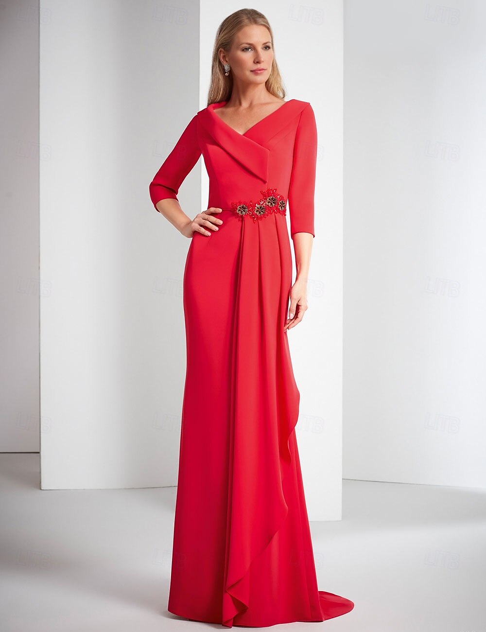 Etuikleid Abendkleid Elegantes Kleid Formal Bodenlang 3/4 Länge Ärmel V-Ausschnitt Stretch-Krepp mit Glitzer-Rüschen 2025 - $178.99 –P1