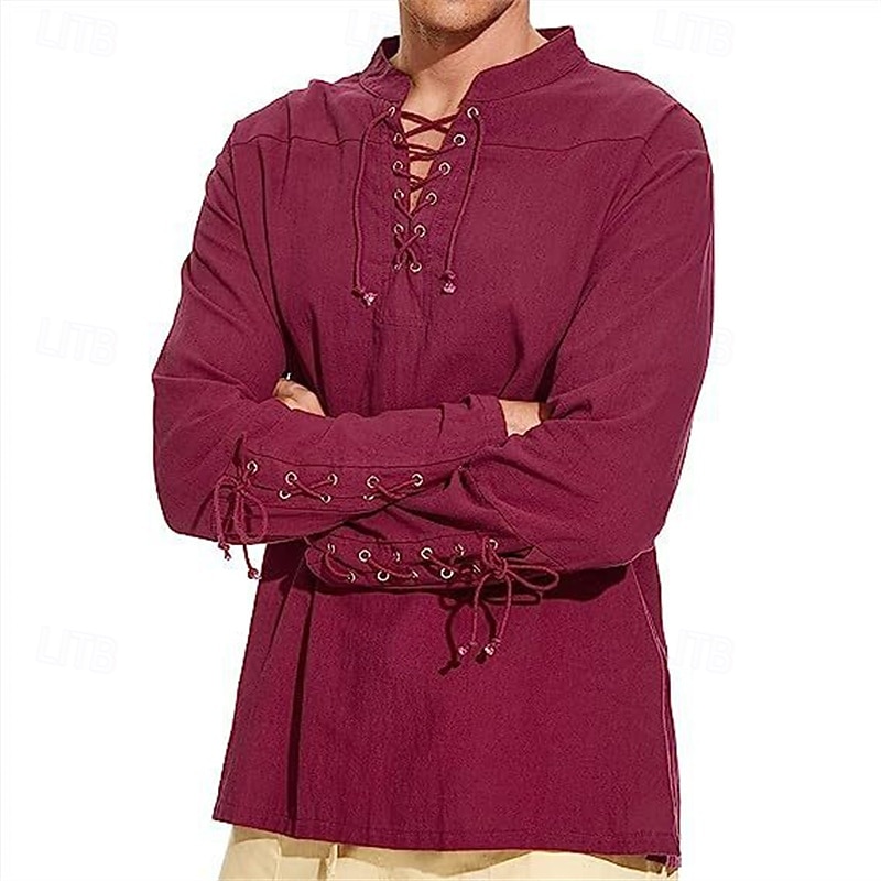 Men's Shirt Linen Shirt Popover Shirt Casual Shirt Cotton Shirt Plain Streetwear Vacation White Wine Navy Blue Brown Long Sleeve Stand Collar Spring &  Fall Clothing Apparel Lace up 2026 - $28.99 –P13