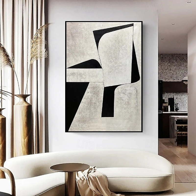 Handpainted White Black Textured Painting Oversized handmade Abstract Geometric painting Wall Art Large Minimalist Black White Painting for Living Room Wall Decor Abstract Art 2026 - $108.99 –P5