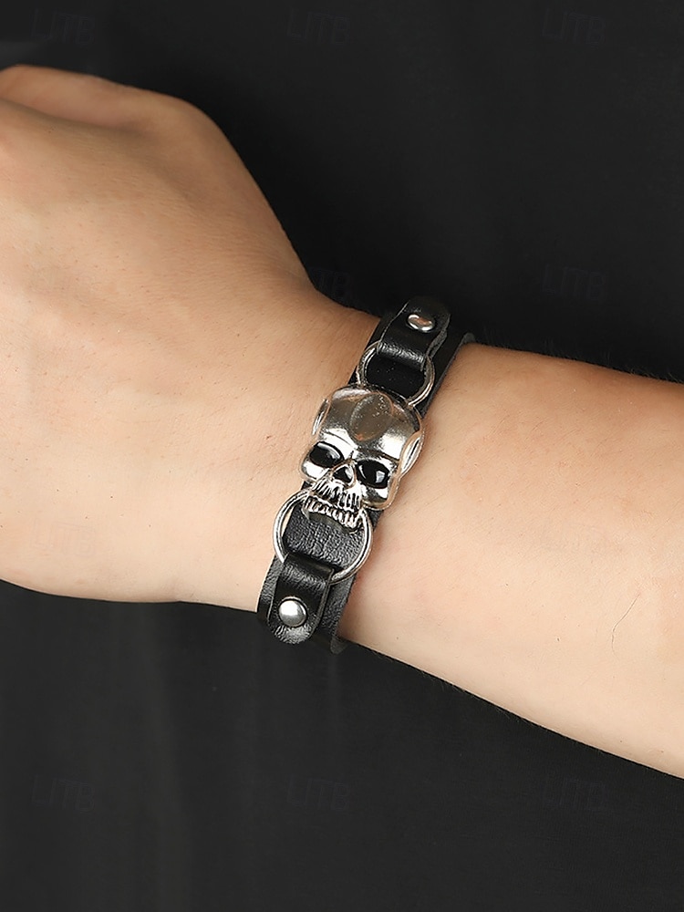 Men's Black Leather Bracelet with Silver Skull Charm – Gothic Punk Adjustable Wristband for Halloween and Biker Style 2025 - $9.99 –P1