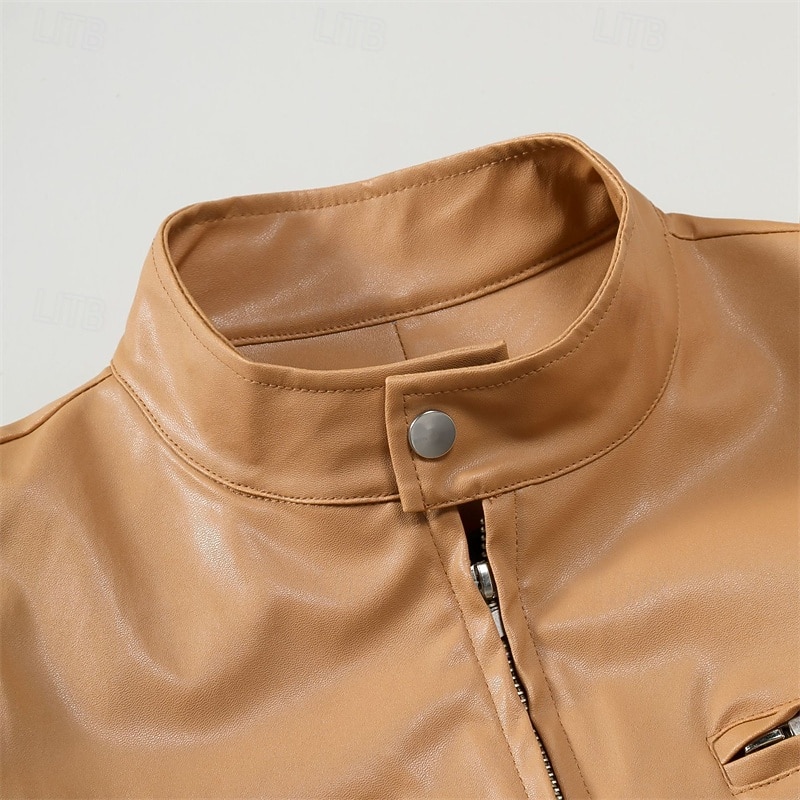 Herren Kunstlederjacke Hemdjacke übergangsjacke Bikerjacke Urlaub Täglich Winddicht Warm Tasche Herbst Winter Einfach Mode Klassisch Stehkragen Regulär Kunstleder Schwarz Khaki Jacken 2026 - $41.99 –P6