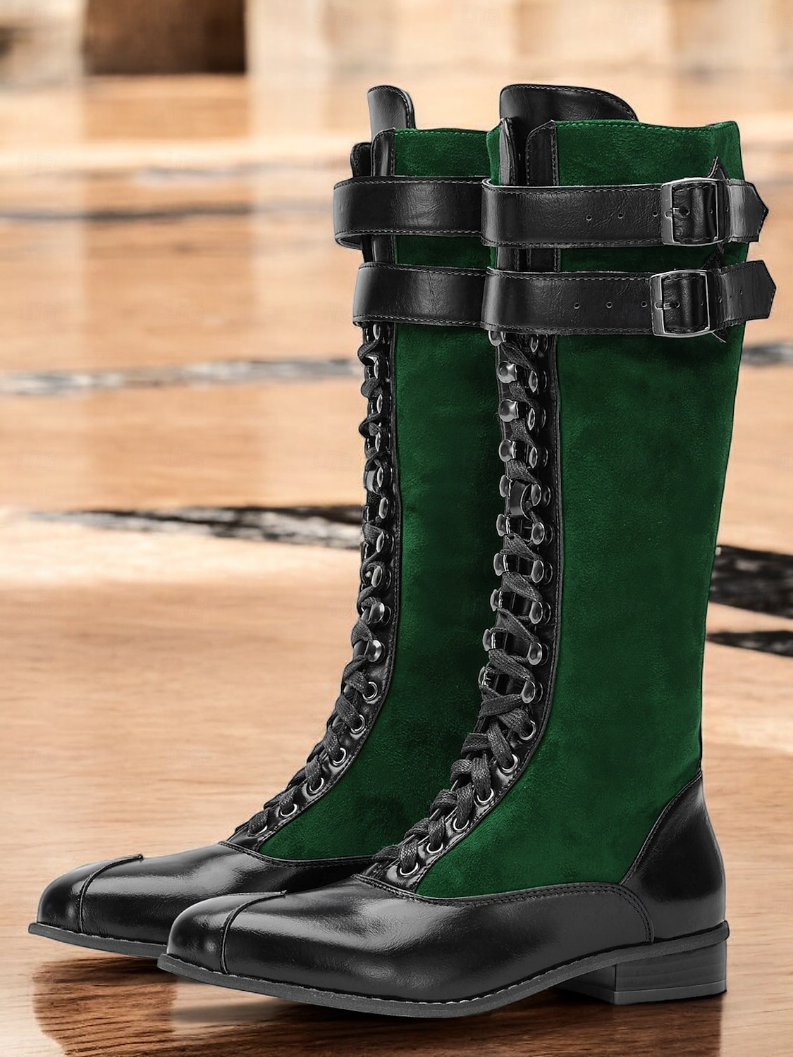 botas femininas de camurça sintética bordô e couro sintético preto com cadarço na altura do joelho – design de inspiração vintage com tiras de fivela dupla, perfeitas para uso casual e formal de 2025 por $64.99 –P3