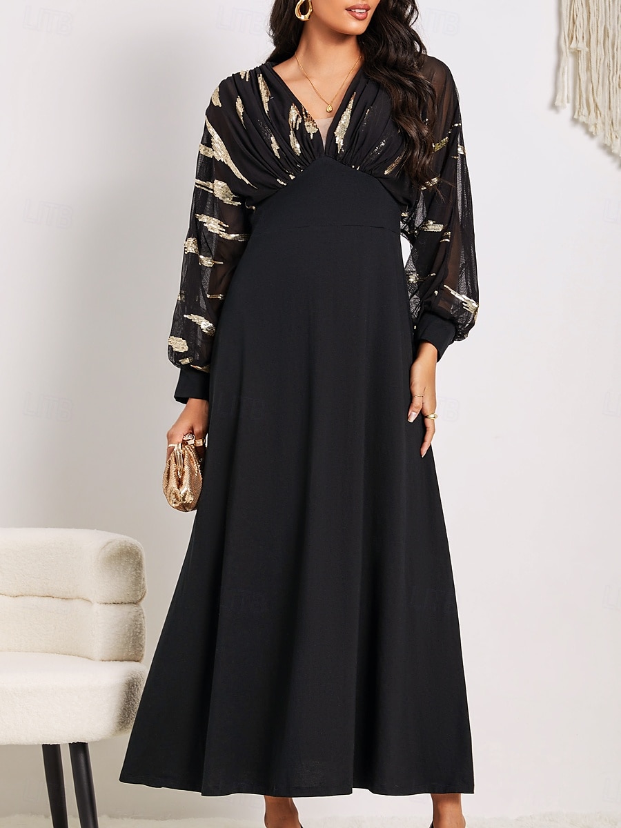 Women's Long Dress Sheer Feather Print Sleeves V-neck Black Festive Party Elegant Maxi Winter Fall Clothing Apparel 2025 - $99.99 –P10