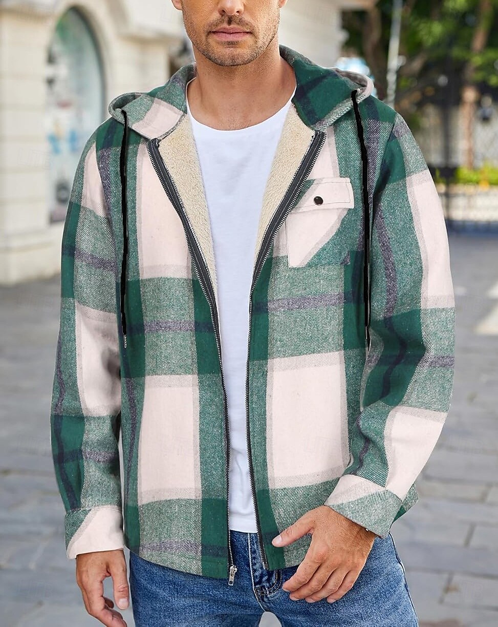 Herren Hemdjacke Kapuzenjacke Shacket Flanell-Fleecejacke Täglich Urlaub warm Mit Kapuze Herbst Winter Schottenstoff Kariert Modisch Strassenmode Kargen Standard Schwarz Dunkelrot Hellgrün Rote Blau 2025 - $60.99 –P2