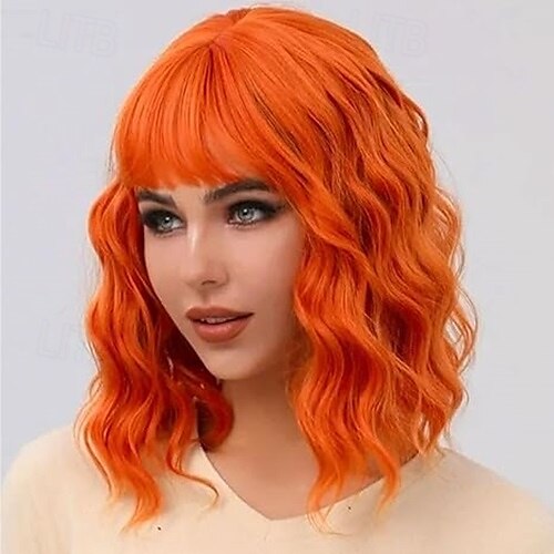 peruca com franja perucas curtas onduladas para mulheres comprimento dos ombros perucas bob encaracolado perucas sintéticas resistentes ao calor para cosplay de halloween uso diário para festas de 2025 por $20.99 –P4
