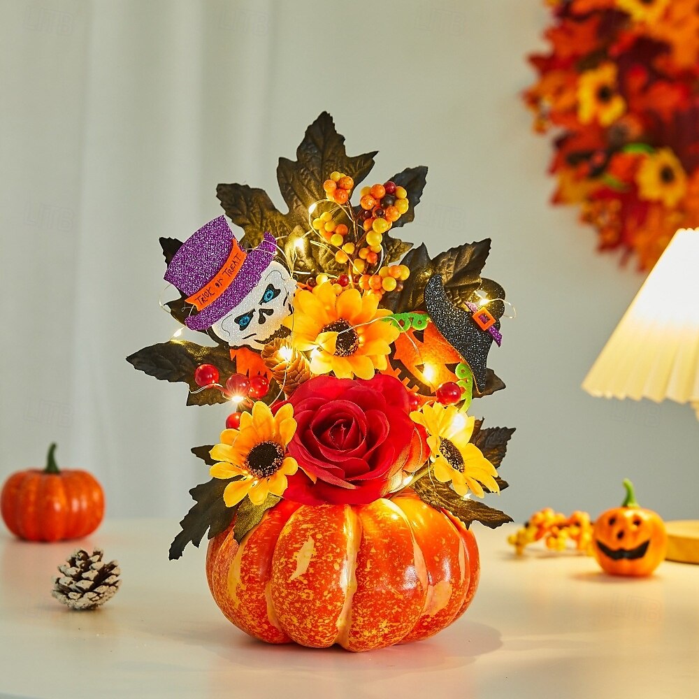 enfeite de mesa de outono de Halloween com abóbora falsa, folhas de bordo e luz LED para o festival da colheita de outono, decoração de cena assustadora de Halloween para casa e festa de outono de 2025 por $20.99 –P12