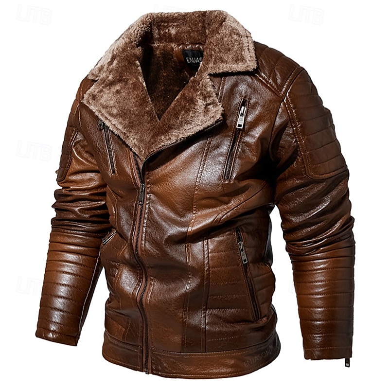 Herr Imitationsläderjacka Fleece-jacka Bikerjacka Motorcykeljacka Dagligen Semester Vindtät Håller värmen Ficka Höst vinter Slät Mode Klassisk Kavajslag Normal Svart Rubinrött Brun Kaffe Jacka 2025 - $86.99 –P11