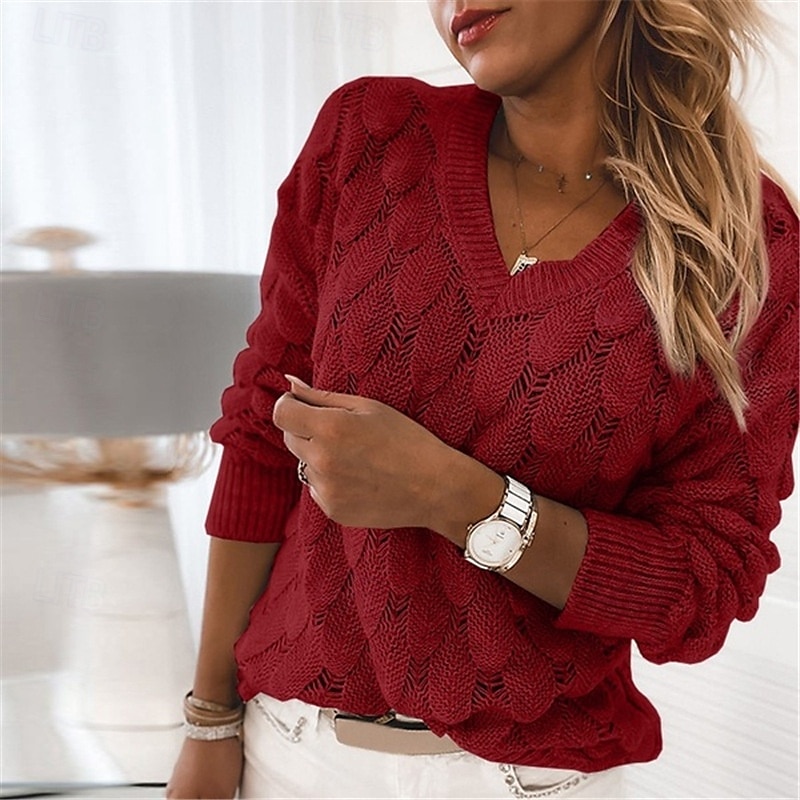 Damen Pullover Elegant Modisch Täglich Blumen V Ausschnitt Ausgehöhlt Langarm Normale Oberteile Stricken Arbeit Rosa Rote Herbst Winter 2025 - $48.99 –P5