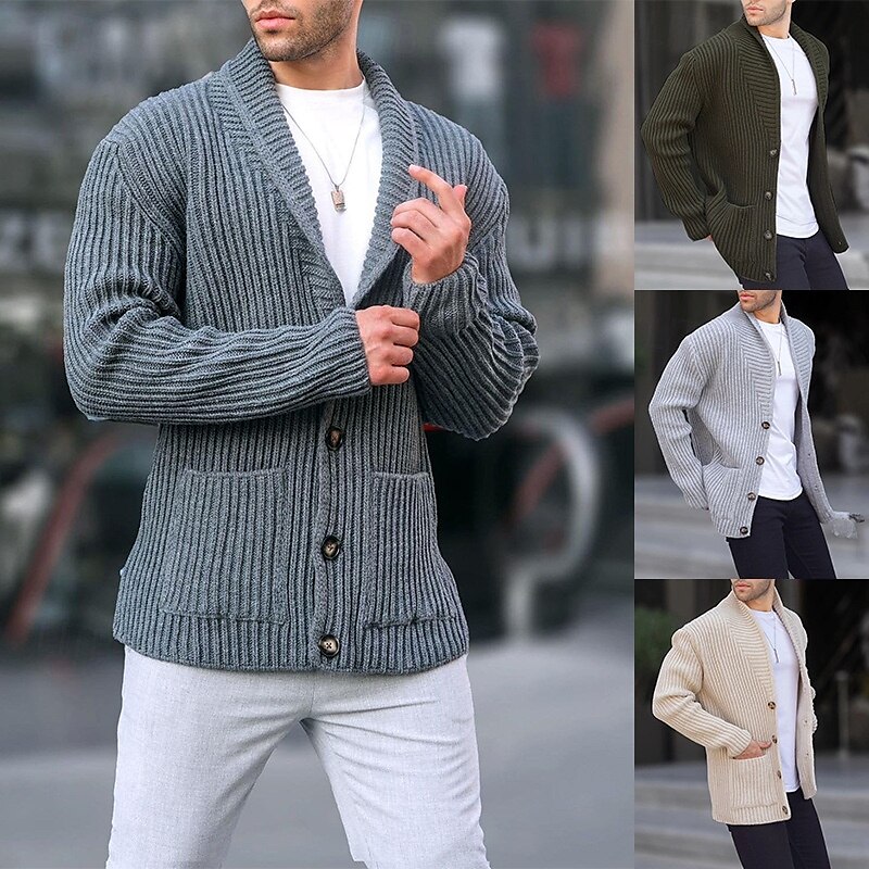 Herren Strickjacke Strickpullover Gerippt Stricken Standard Knopf hoch Seitentaschen Feste Farbe Kargen Modisch Klassisch Freizeitskleidung Verabredung Bekleidung Herbst Winter Schwarz Grün M L XL 2025 - $41.99 –P1