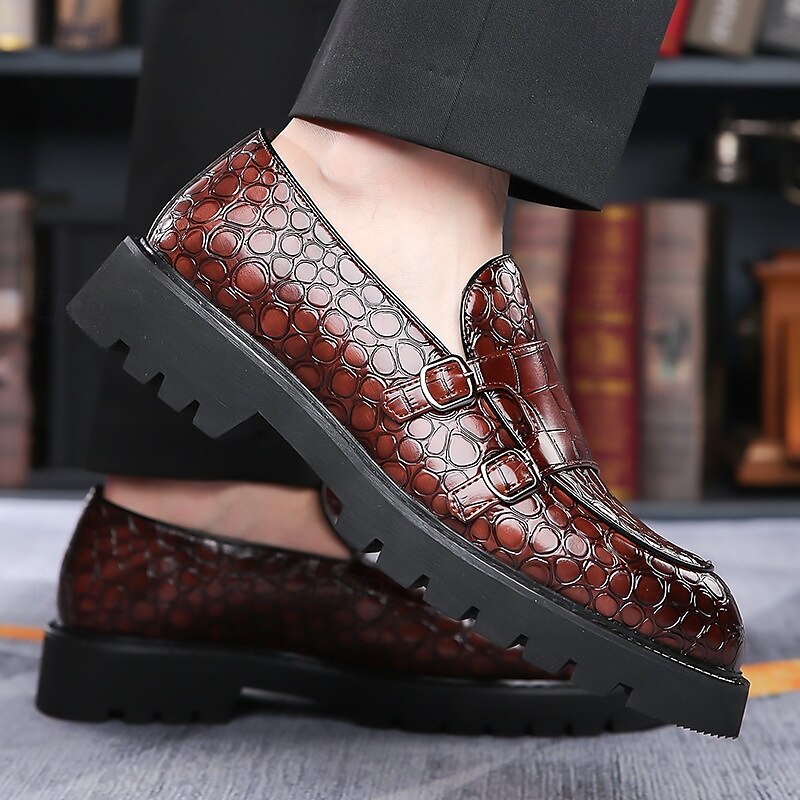 Mocassins en similicuir marron à motif crocodile pour hommes avec double boucle et semelle robuste – chaussures habillées haut de gamme pour les occasions formelles et décontractées de 2025 ? $54.99 –P3