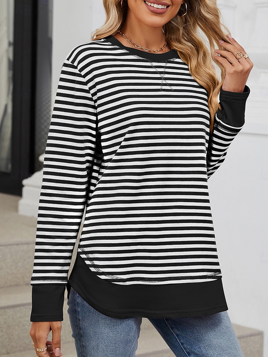 dam sweatshirt casual randig street dailywear tryck med rund hals lång ärm svart rosa höst vinter 2025 - $46.99 –P5