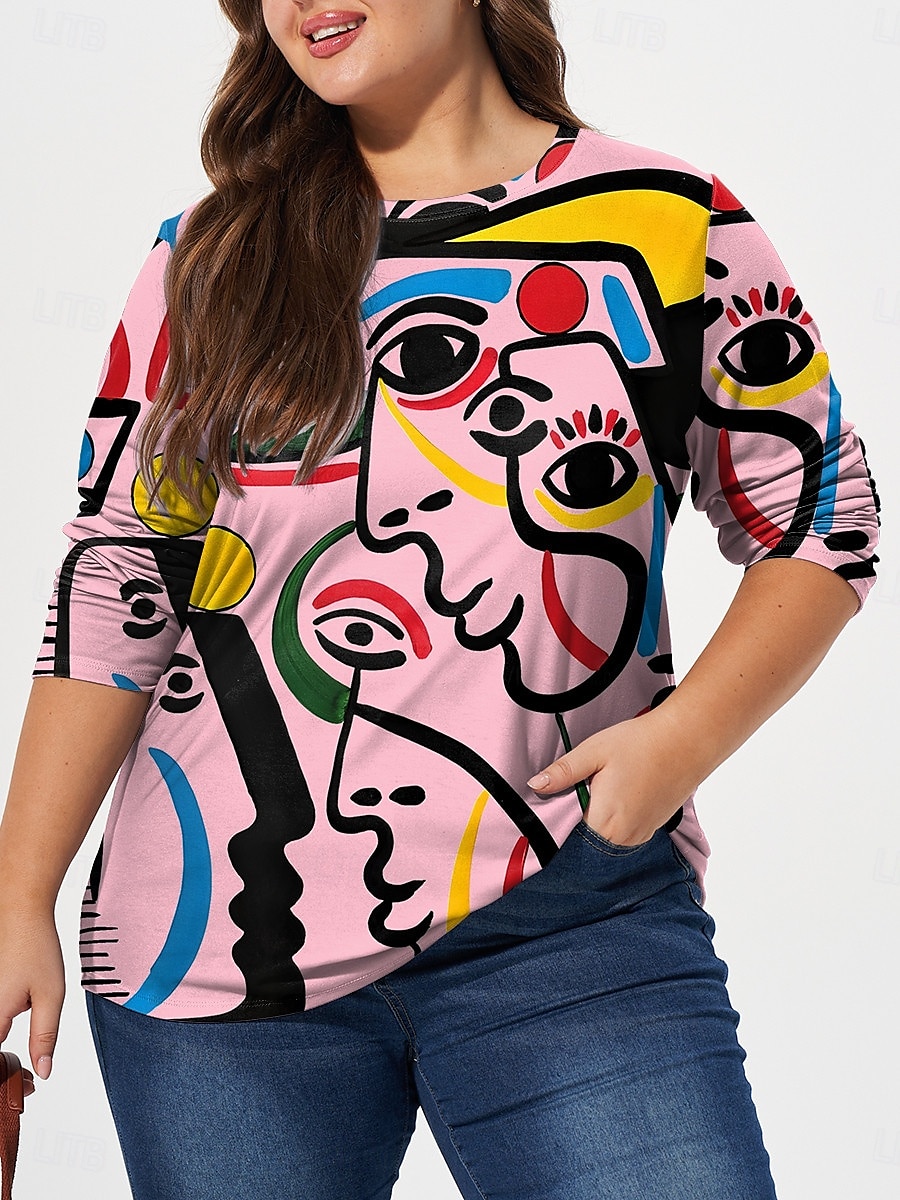 donna taglie forti top t-shirt maglietta stampa astratta manica lunga girocollo casual quotidiano autunno inverno bianco rosa del 2025 a $19.99 –P5
