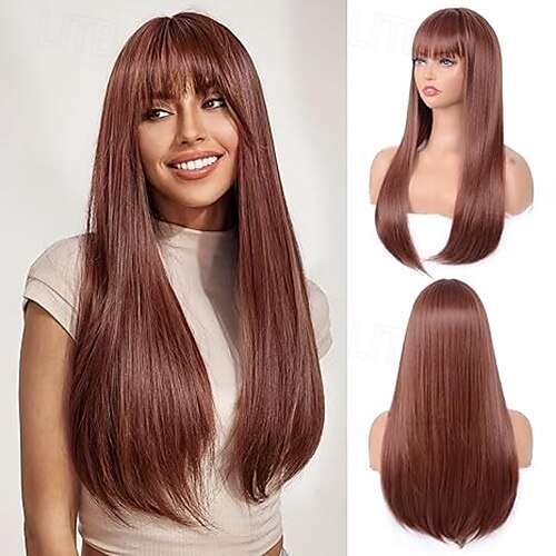 parrucca con frangia per donna parrucca lunga e liscia parrucca sintetica resistente al calore per ragazze uso quotidiano parrucca per feste di halloween cosplay del 2025 a $19.99 –P2