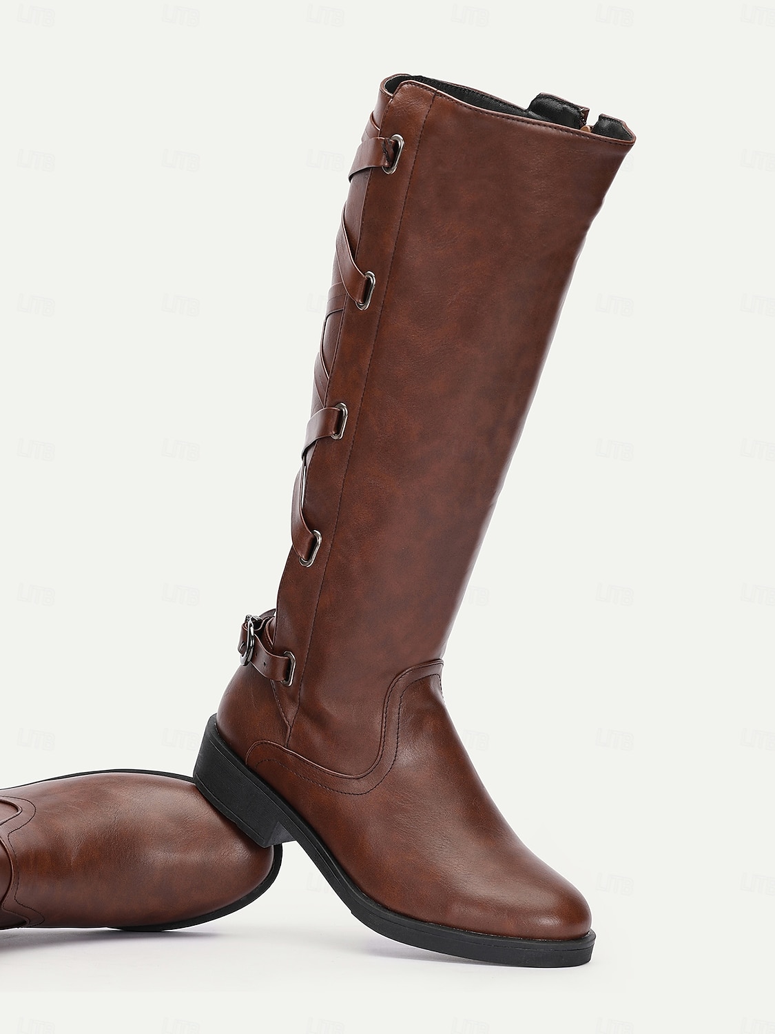 Botas de moto negras para mujer con cordones laterales y detalle de hebilla: elegantes botas de montar hasta la rodilla 2025 - $54.99 –P6