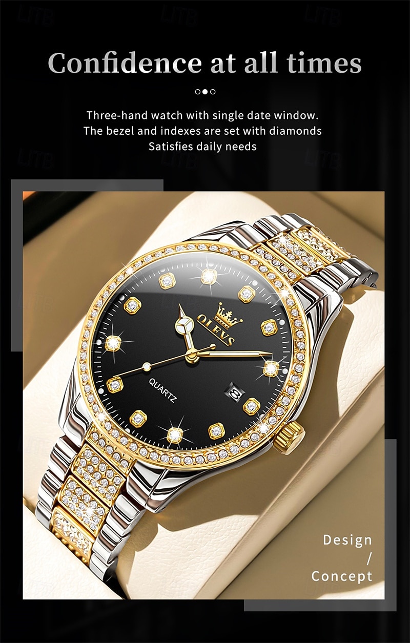 nieuwe olevs olevs merk heren stalen band horloge met diamanten lichtgevende kalender modetrend eenvoudig zakelijk quartz horloge vakantie waterdicht sport heren polshorloge 2025 - $31.99 –P8