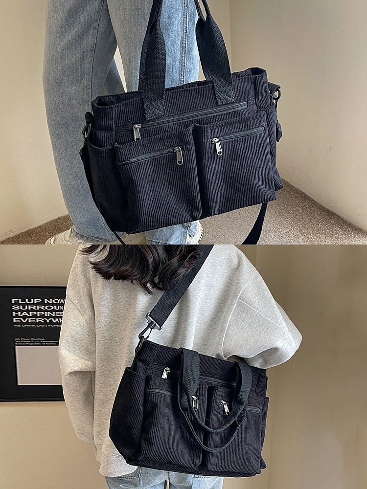 torba typu tote vintage z kordu z wieloma kieszeniami na suwak - swobodna torebka damska 2025 - $26.99 –P6