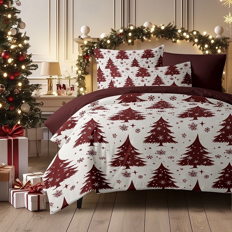 capa de edredom de natal com design de árvore de natal vermelha roupa de cama festiva 100% algodão macio e aconchegante para decoração sazonal de quarto queen king size de 2025 por $69.99 –P4