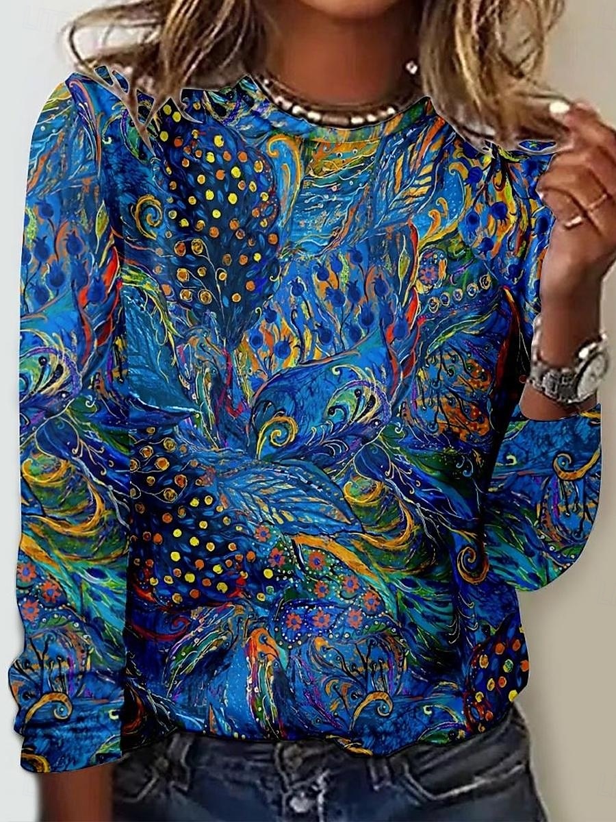 Tricou tunică pentru femei fashion casual imprimeu cu mânecă lungă regulat guler rotund zilnic albastru primăvară-toamnă 2025 - $22.99 –P2