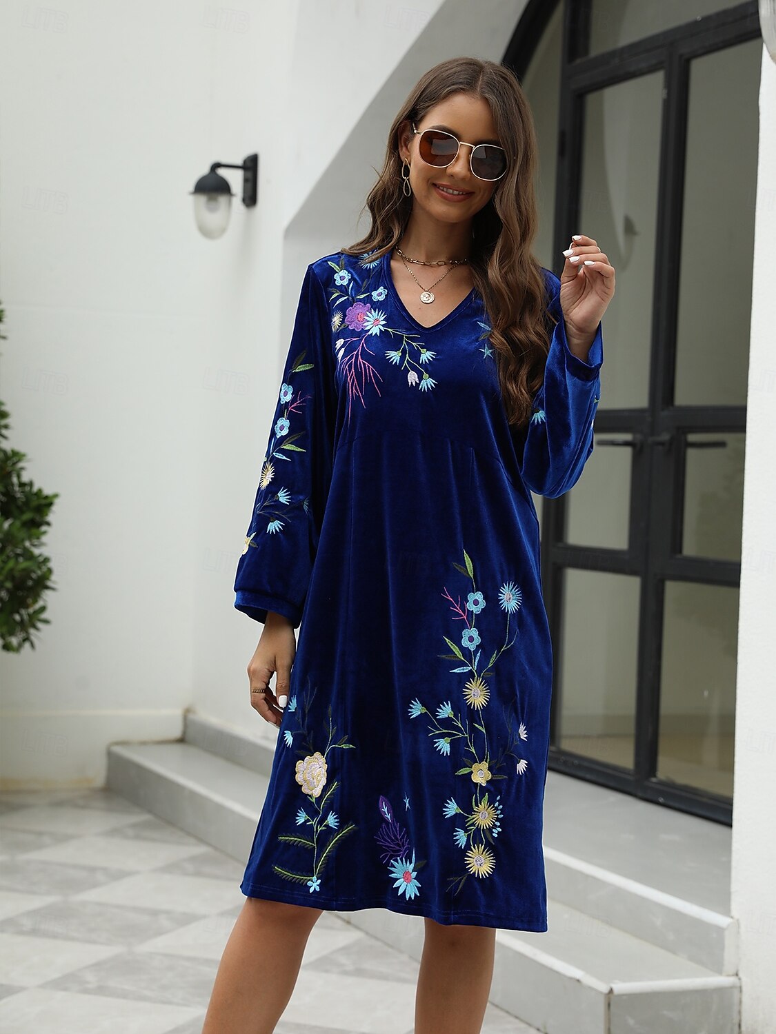 robe décontractée pour femme robe midi brodée avec manche saint valentin travail rendez-vous élégant basique col en V manches longues manche évêque couleur bleue de 2025 ? $36.99 –P6