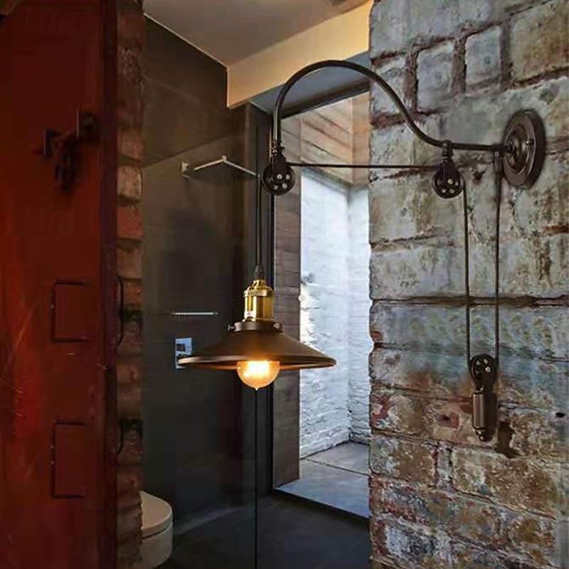 lampa ścienna retro vintage lampa ścienna płaska lampa montowana na ścianie industrialny styl czarny metalik regulowana lampa ścienna z konstrukcją koła pasowego 110-240 V 2025 - $79.99 –P6