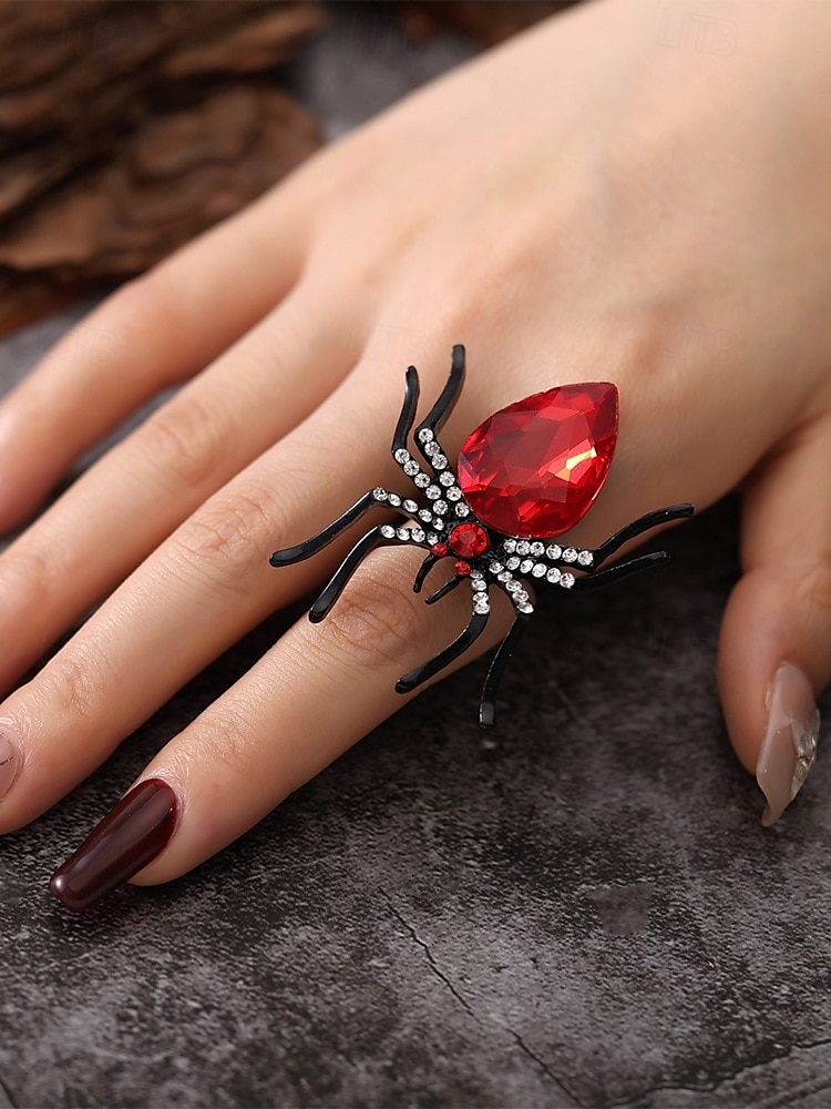 Halloween Spider Ring with Red Gemstone – Gothic Adjustable Statement Jewelry for Women's Costume Parties and Events 2025 - $7.99 –P1