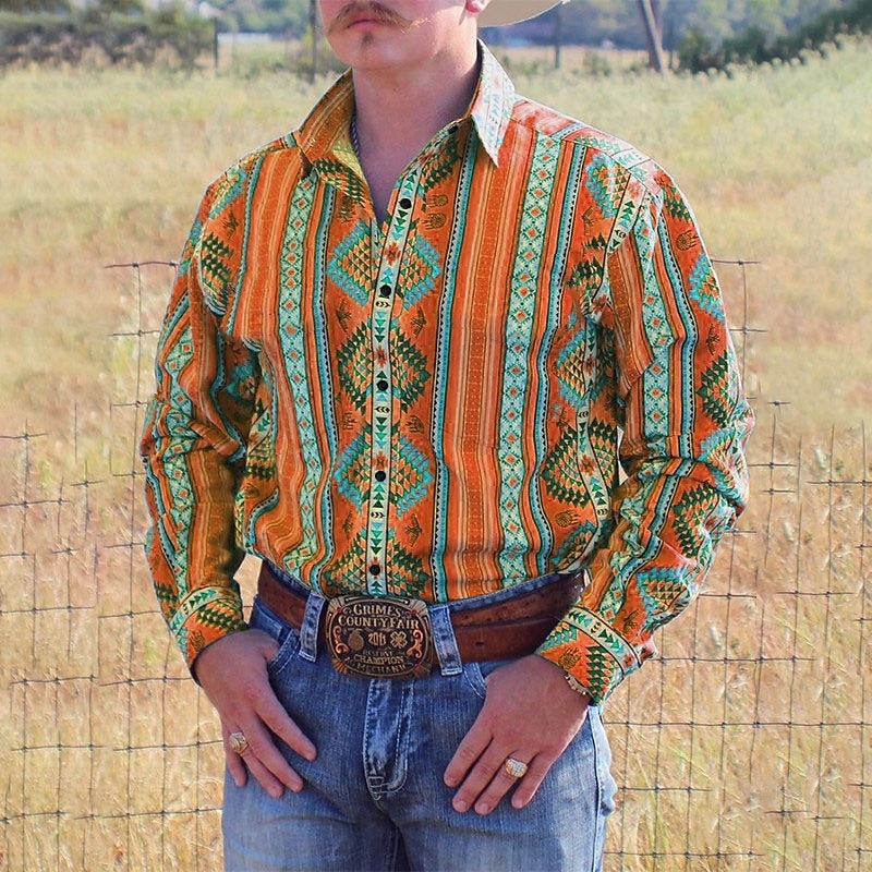 Herr Cowboy Västerländsk skjorta Knapp upp skjorta Cowboyskjorta Långärmad Mode Designer Ledigt Dagligen Höst vinter Nedvikt Skjortor med krage 3D-utskrift Framficka Gul Blå Purpur Grön Grå 2025 - $28.99 –P4