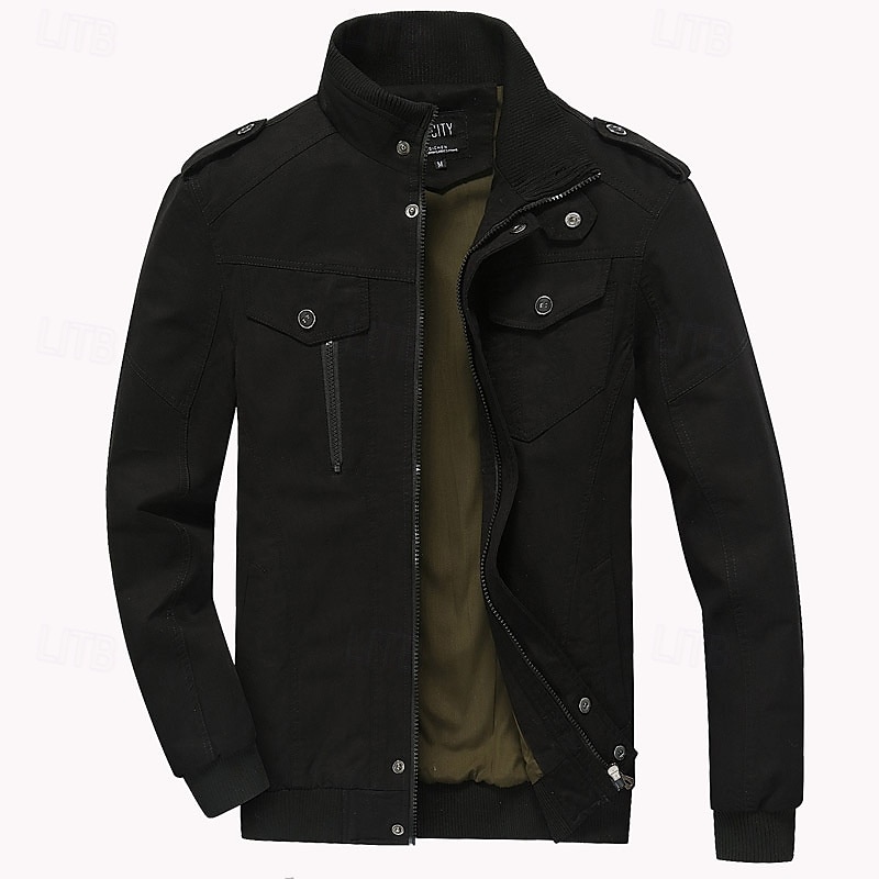 Herren Einsatzjacke übergangsjacke Ausgehen Windjacke Tasche Ganzjahres Einfach Klassisch Stehkragen Regulär Schwarz Khaki Armeegrün Jacken 2025 - $54.99 –P2