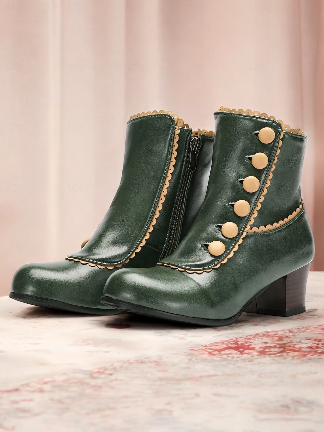 Victorian Vintage Green Leather Ankle Boots for Women – Retro Button Design with Scalloped Trim, Perfect for Fall Fashion 2025 - $64.99 –P2