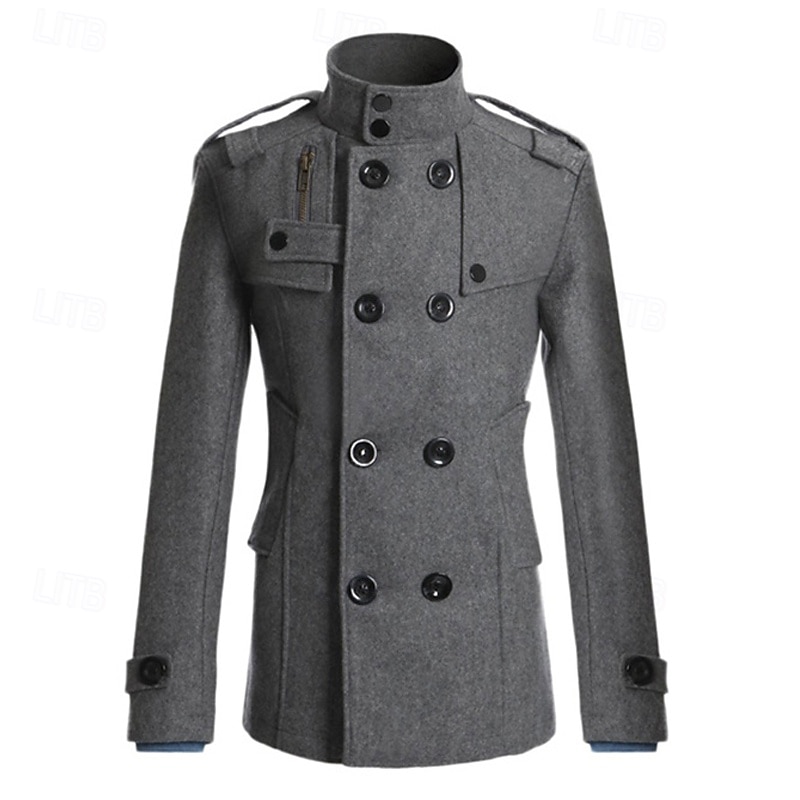 Pánské Polní kabát Peacoat Trenčkot Denní Dovolená Podzim zima Polyester Zahřívací Svrchní oděvy Oblečení Módní Klasické Bez vzoru Kapsy Stojáček Dvouřadé 2025 - $49.99 –P11
