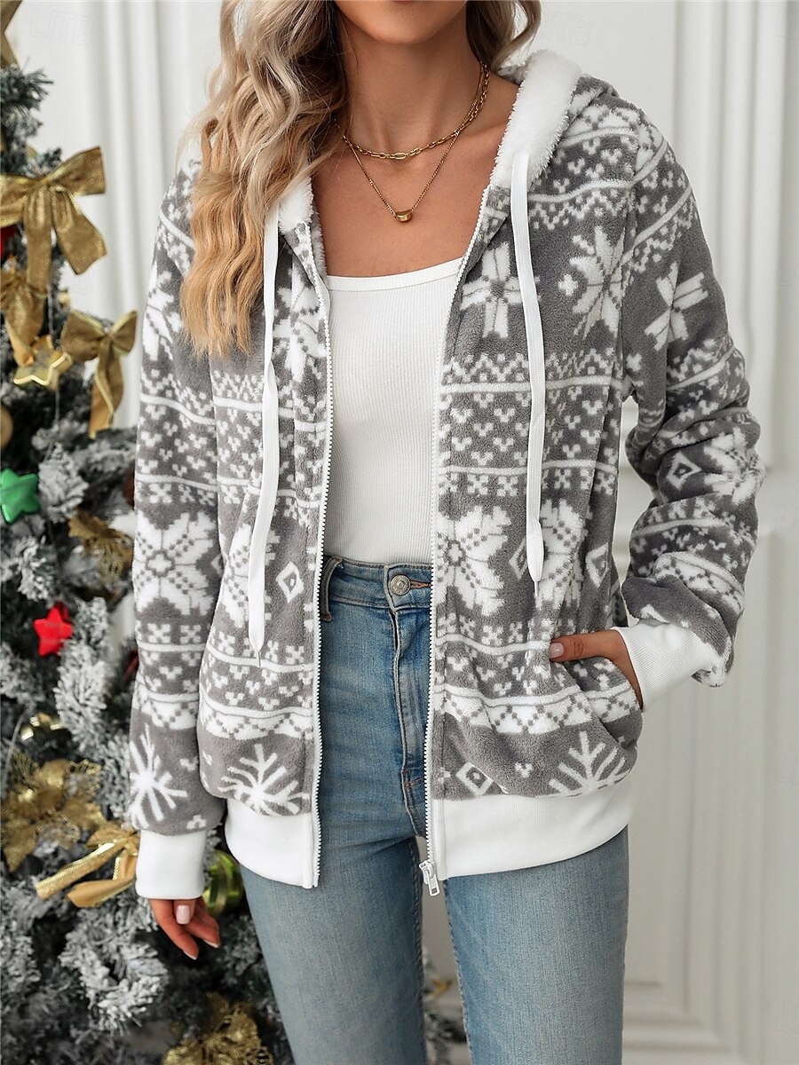 jaqueta de lã feminina com forro de sherpa e capuz com zíper completo, estampa de floco de neve de inverno, cinza e branco, aconchegante, quente, casual, vários tamanhos de 2025 por $50.99 –P5