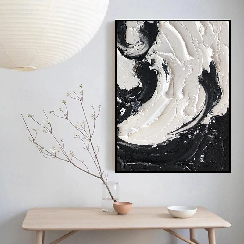 dipinto a mano bianco nero con texture pittura oversize 3d fatto a mano arte murale geometrica astratta grande dipinto minimalista bianco nero con texture per soggiorno camera da letto decorazione del 2025 a $125.99 –P4