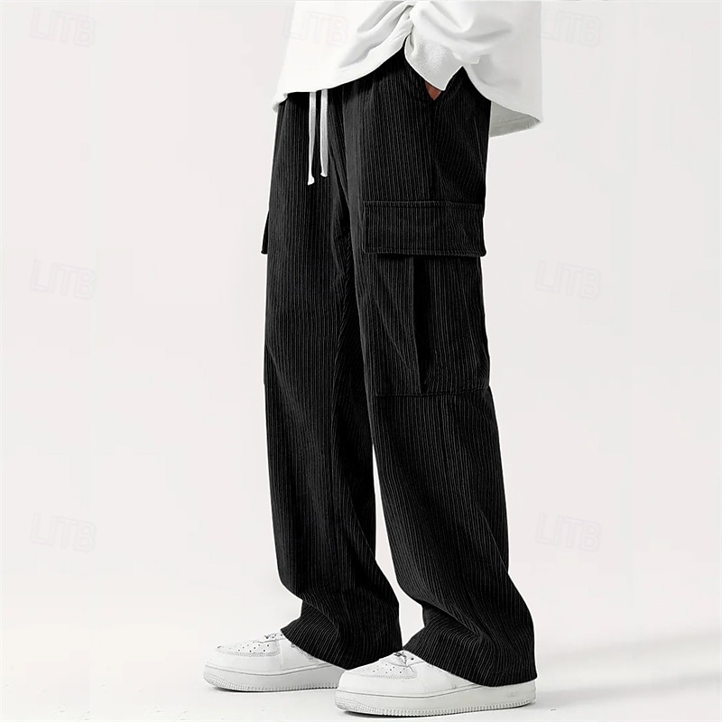 Men's Cargo Pants Corduroy Pants Trousers Straight Leg Sweatpants Elastic Waist Drawstring Multi Pocket Plain Wearable Outdoor Daily Camping & Hiking Fashion Classic Black Army Green 2025 - GBP £19.65 –P7