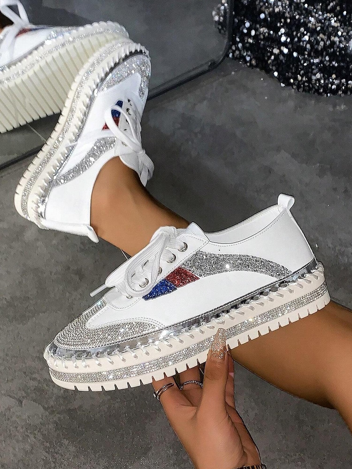 Women's Glitter-Accented Black Lace-Up Sneakers – Rhinestone Embellished, Colorful Casual Athletic Shoes for Fashionable Everyday Wear 2025 - $42.99 –P5