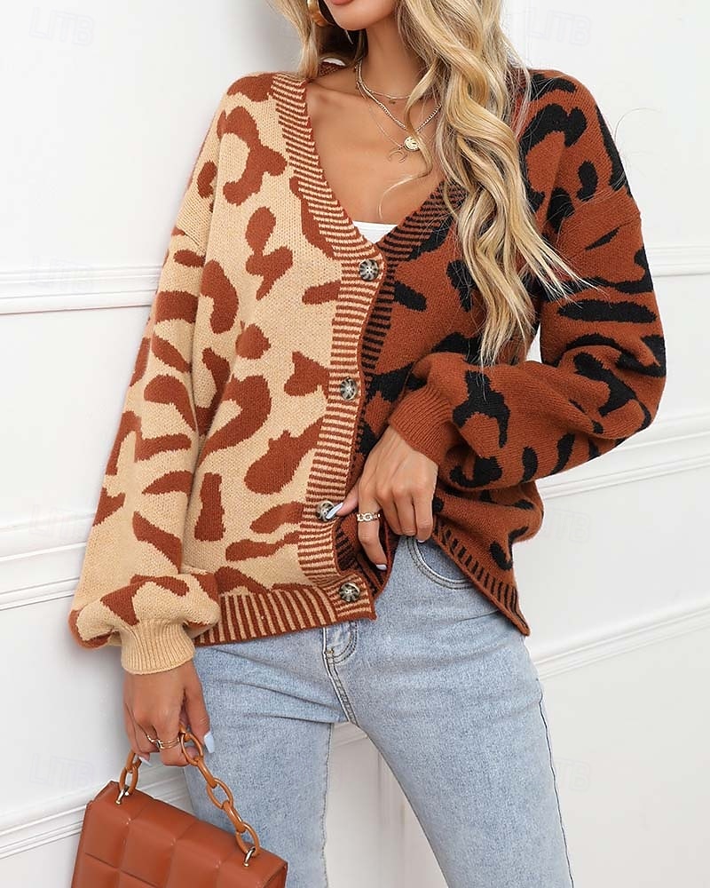 Damen Strickjacke Modisch Täglich Brautkleider schlicht Leopard Farbblock Bedruckt Öffnung vorne Strick Langarm Normale Oberteile Stricken Formal Heim Rote Braun Herbst Winter 2025 - $37.99 –P3
