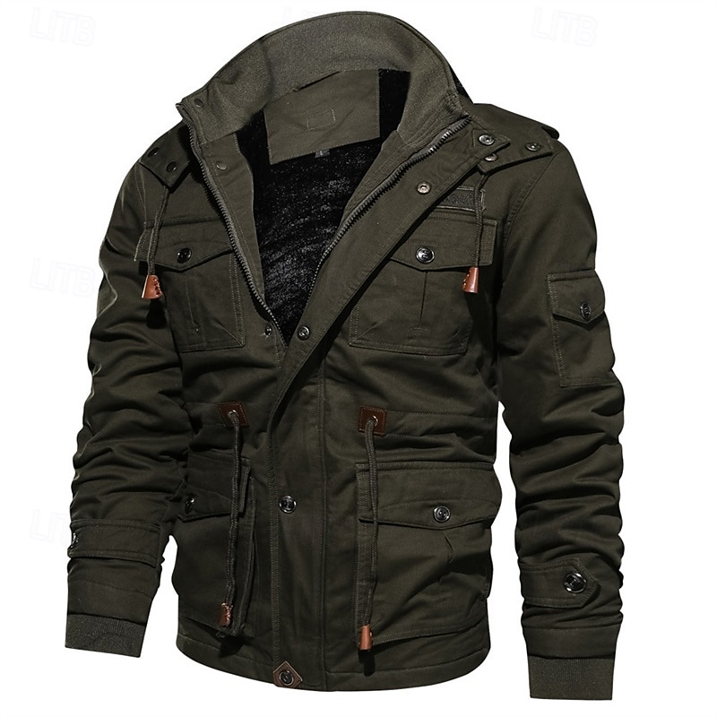 Herr Vinterjacka Fleece-jacka Vardaglig jacka Dagligen Semester Håller värmen Ficka Fleece Höst vinter Slät Mode Streetwear Huva Normal Svart Grön Kaki Jacka 2026 - $57.99 –P4