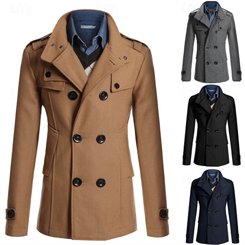 Pánské Polní kabát Peacoat Trenčkot Denní Dovolená Podzim zima Polyester Zahřívací Svrchní oděvy Oblečení Módní Klasické Bez vzoru Kapsy Stojáček Dvouřadé 2025 - $49.99 –P1