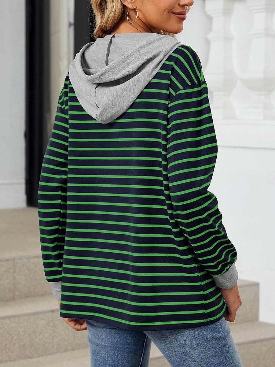 Damen Kapuzenpullover Sweatshirt Casual Streifen Street Alltag Kapuzenpullover Knöpfe Print Langarm Marineblau Grün Herbst Winter 2025 - $41.99 –P6