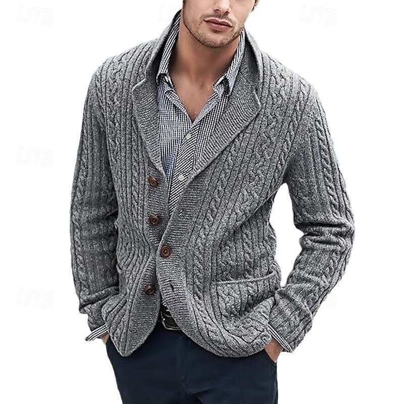 Men's Cardigan Sweater Knit Sweater Cable Knit Regular Button Up Side Pockets Solid Color Lapel Fashion Classic Daily Wear Date Clothing Apparel Fall & Winter Black Blue M L XL 2025 - $41.99 –P4