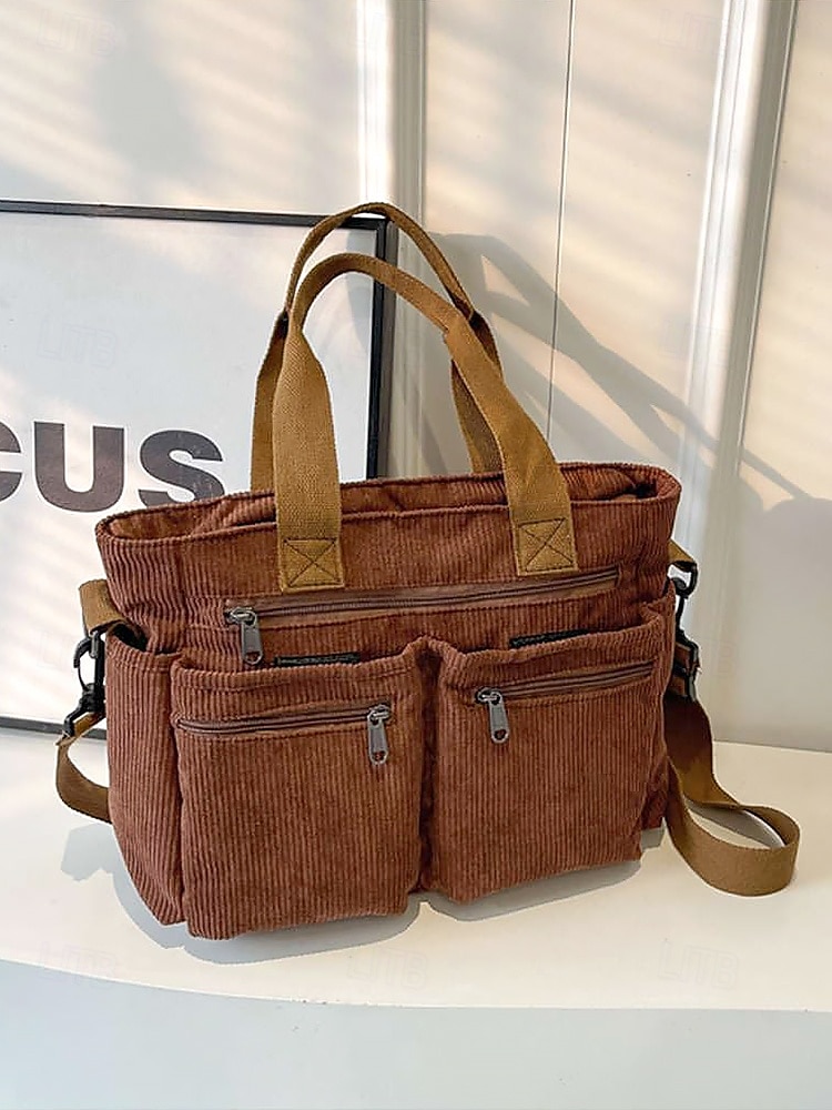 torba typu tote vintage z kordu z wieloma kieszeniami na suwak - swobodna torebka damska 2025 - $26.99 –P1