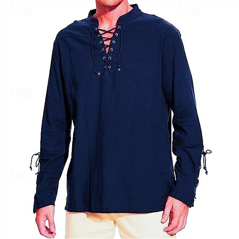 Men's Shirt Linen Shirt Popover Shirt Casual Shirt Cotton Shirt Plain Streetwear Vacation White Wine Navy Blue Brown Long Sleeve Stand Collar Spring &  Fall Clothing Apparel Lace up 2026 - $28.99 –P15