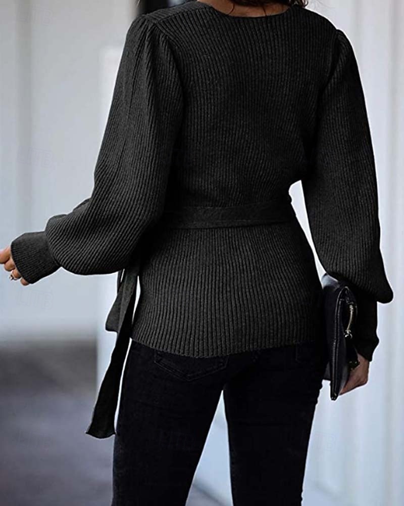 Per donna Felpa Elegante Di tendenza Giornaliero Tinta unica A coste A V Lavorato a maglia Manica a lanterna Manica lunga Top regolari Maglia Ufficio Nero Beige Autunno Inverno del 2025 a $58.99 –P6
