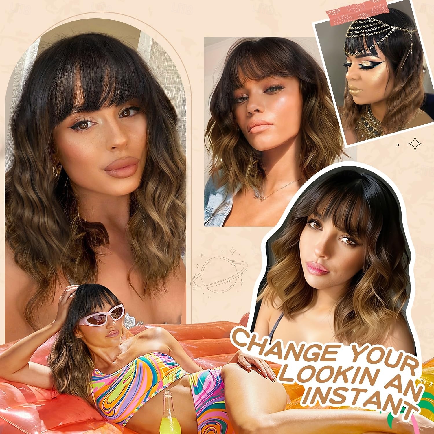 Short Curly Wavy Wig with Bangs Shoulder Length Natural Looking Party Daily Use WEIWENHEE Black Mixed Brown Highlight Synthetic Curly Wavy  main image 2