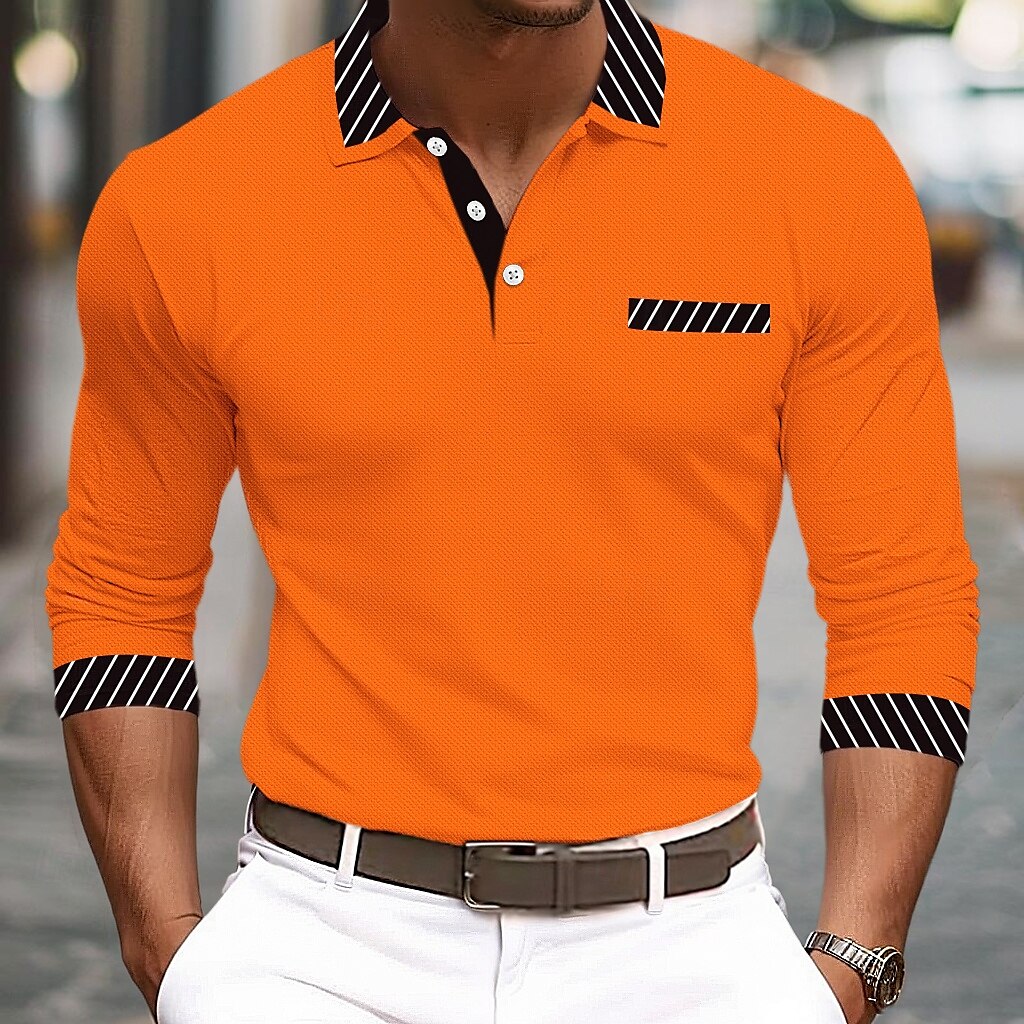 Men's Golf Shirt Pique Polo Shirt Business Casual Turndown Long Sleeve Fashion Basic Solid Color Color Block Patchwork Button Spring & Fall Regular Fit Black White Burgundy Navy Blue Orange Golf 2025 - $20.99 –P1