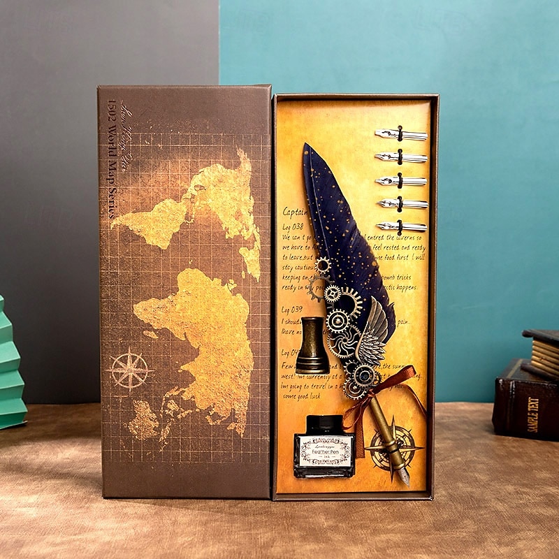 1 Set Geschenkbox, Federkiel, Kalligraphie-Stift und Tintenschreiber-Set, antikes Schreiben, Quilt-Tintenfeder, mechanisches Getriebe, Steampunk-Federkiel zum Zeichnen, Signieren und für 2025 - $28.99 –P5