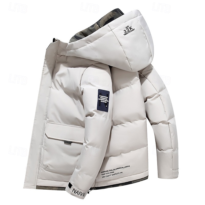 Herr Vinterkappa Pufferjacka Quiltad jacka Vadderad Huva Fritid Sport Utekväll Vindtät Höst vinter Enfärgad / vanlig färg Svart Blå Kaki Pufferjacka 2025 - $51.99 –P7