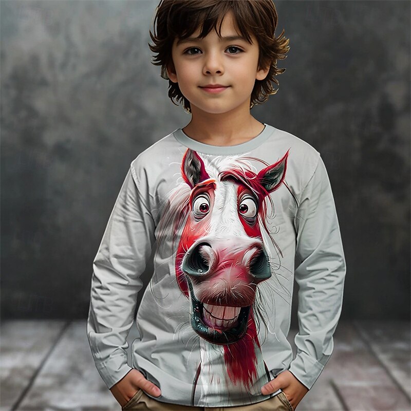 Pojkar 3D Grafisk Djur Häst T-shirt Långärmad Vår Höst Mode Grundläggande Barn 4-12 år Rund hals Utomhus Ledigt Dagligen Normal 2025 - $13.99 –P3