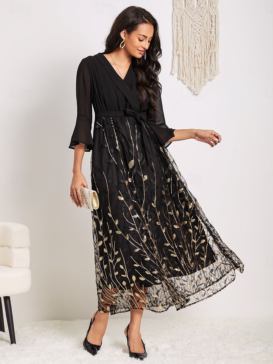 rochie midi de damă cu decolteu în V cu mânecă lungă cu model de ramuri aurii pur cu curea elegantă petrecere seară aur negru mărime întreagă 2025 - $99.99 –P4