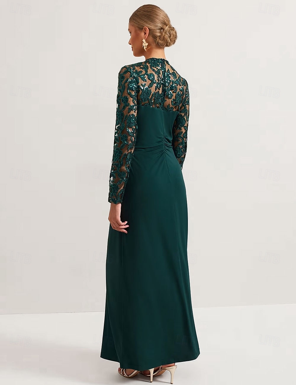 Sheath Jurk Moeder van de Bruid Jurk Elegante V Hals Enkellengte Rekbare Stof Lange Mouw met Kant Geplooid Effen Kleur gratis maat op maat 2025 - $167.99 –P2